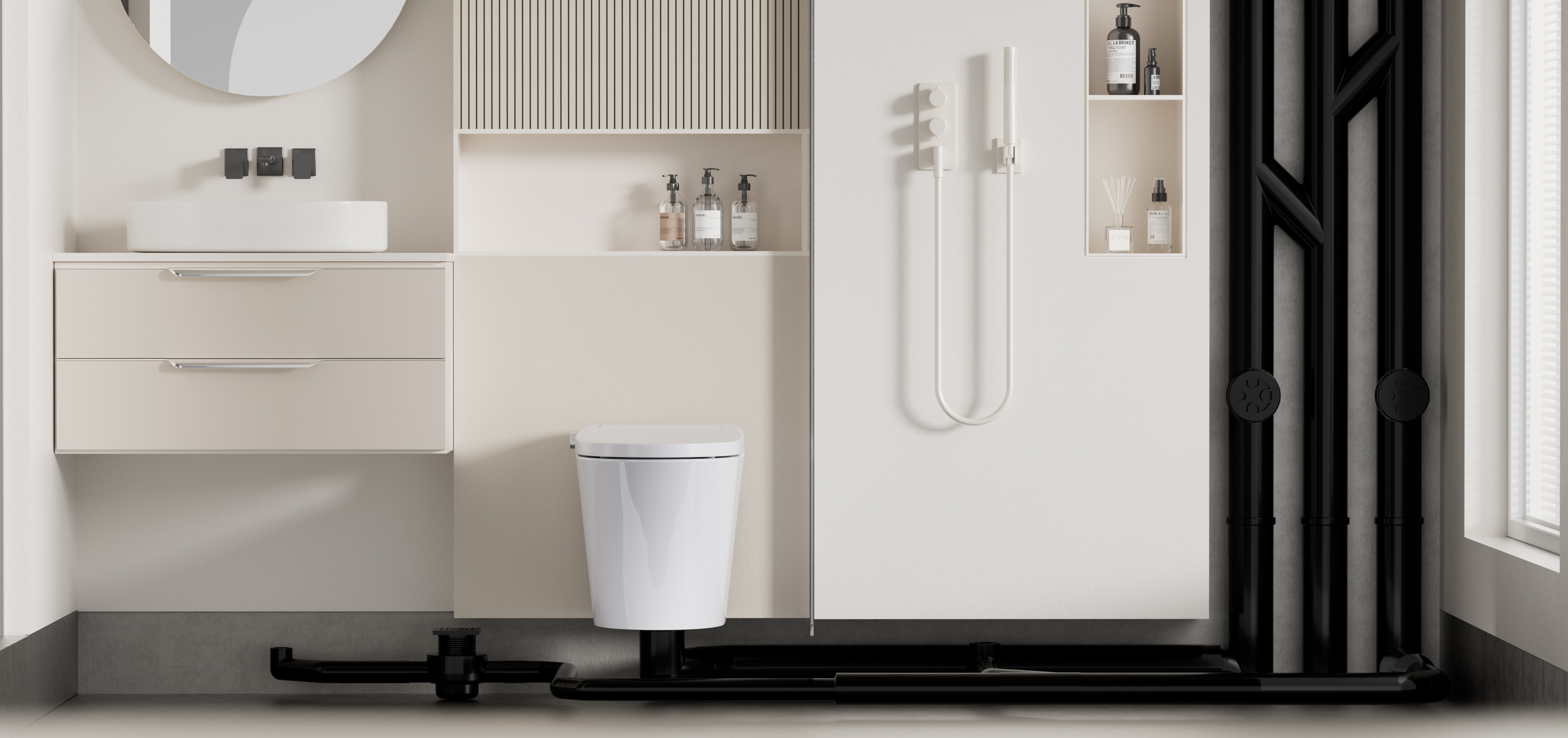 HDPE same-floor drainage system modern residential building ERA pipingchina نظام صرف HDPE في نفس الطابق للمبنى السكني الحديث ERA pipingchina